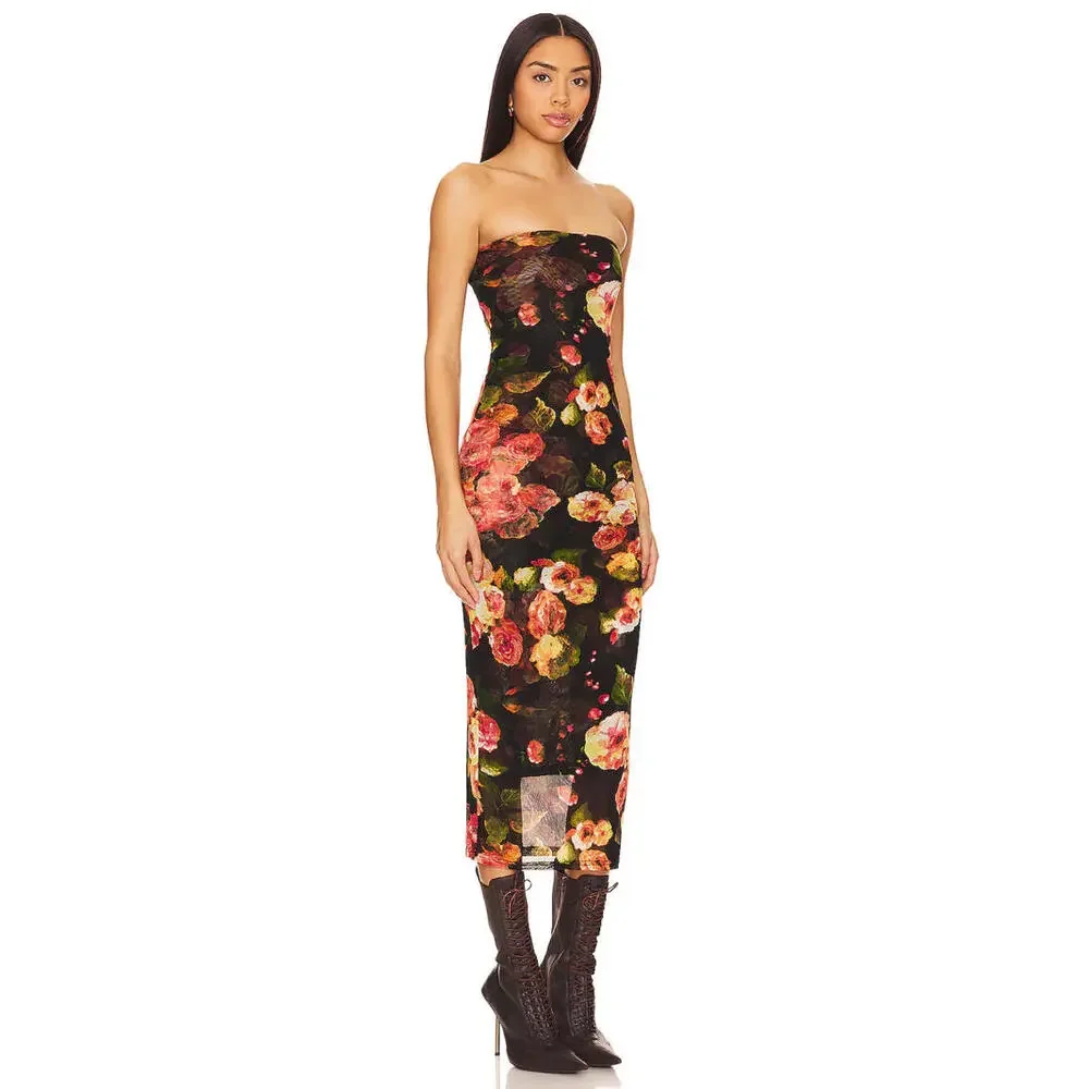Revolve superdown rose maxi dress Size L black floral print strapless NWT